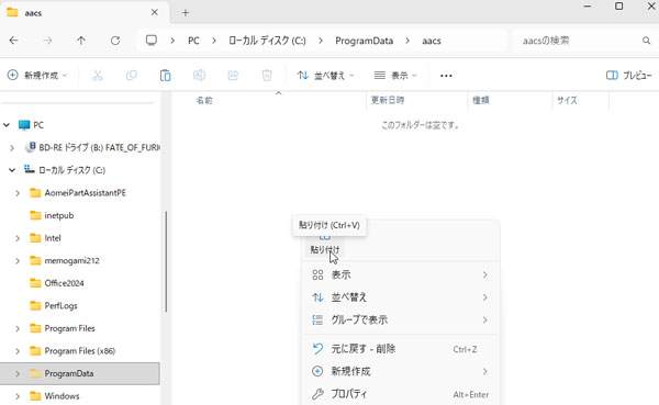コピーしたファイルをペーストする