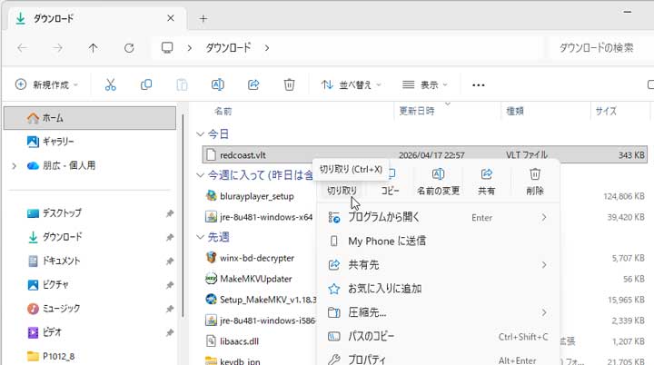 「カスタムスキンのファイル」を右クリックして切り取る